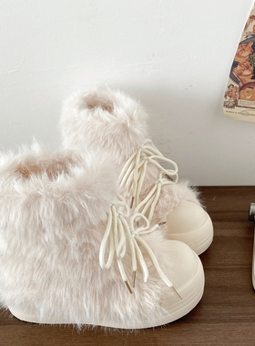 喜叔千禧风白色厚底毛毛雪地靴女2025新款冬季加绒短靴保暖大棉鞋