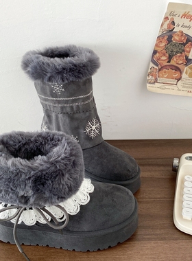 喜叔可拆卸两穿灰色毛绒雪地靴女2025新款冬季保暖加绒加厚棉鞋子
