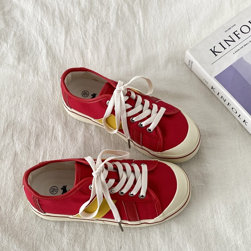 喜叔 薄款透气红色帆布鞋女2025新款夏季百搭复古拼色板鞋小白鞋,女鞋,帆布鞋,淘宝优惠券,粉丝福利购,淘宝优惠卷