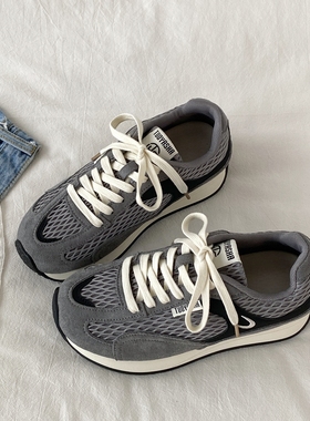 喜叔复古灰色网面透气阿甘鞋女款夏季厚底德训运动鞋休闲跑步鞋子