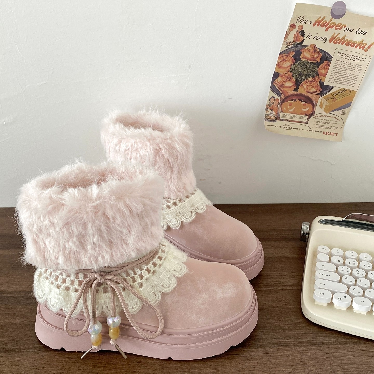 喜叔小众粉色费尔岛毛毛雪地靴女款冬季时尚百搭棉鞋保暖毛毛短靴,女鞋,时尚雪地靴,淘宝优惠券,粉丝福利购,淘宝优惠卷
