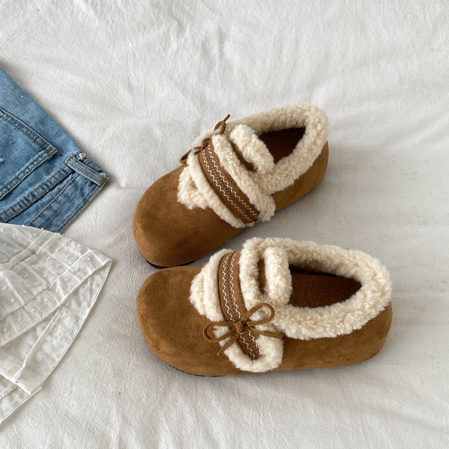 复古棕色魔术贴勃肯棉鞋毛毛鞋子