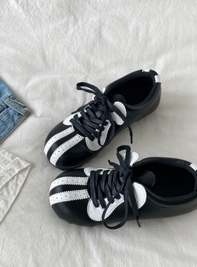 喜叔 小众丑萌黑色德训鞋女款ins潮百搭平底阿甘鞋复古休闲运动鞋