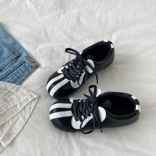 喜叔 小众丑萌黑色德训鞋女款ins潮百搭平底阿甘鞋复古休闲运动鞋