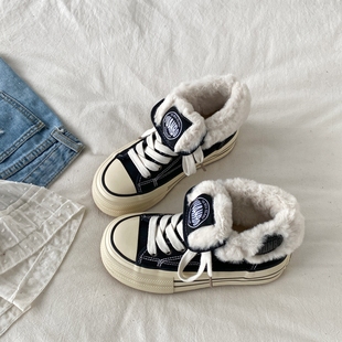 喜叔复古高帮加绒帆布鞋女2025新款冬季保暖厚底棉鞋百搭休闲板鞋