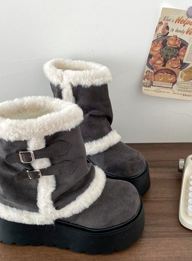 喜叔灰色复古厚底毛绒雪地靴女款冬季保暖加绒中筒堆堆靴东北棉鞋