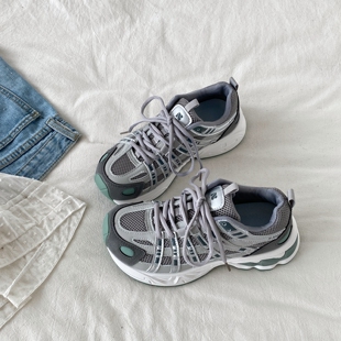 喜叔 轻便透气休闲运动鞋女款ins潮厚底网面老爹鞋复古户外跑步鞋