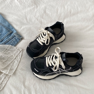 复古德训运动鞋 喜叔黑色皮面厚底老爹鞋 女2026春季 新款 休闲阿甘鞋