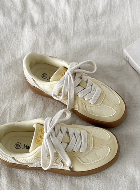 喜叔爆款奶黄色德训鞋女2025夏季新款透气休闲板鞋运动休闲阿甘鞋