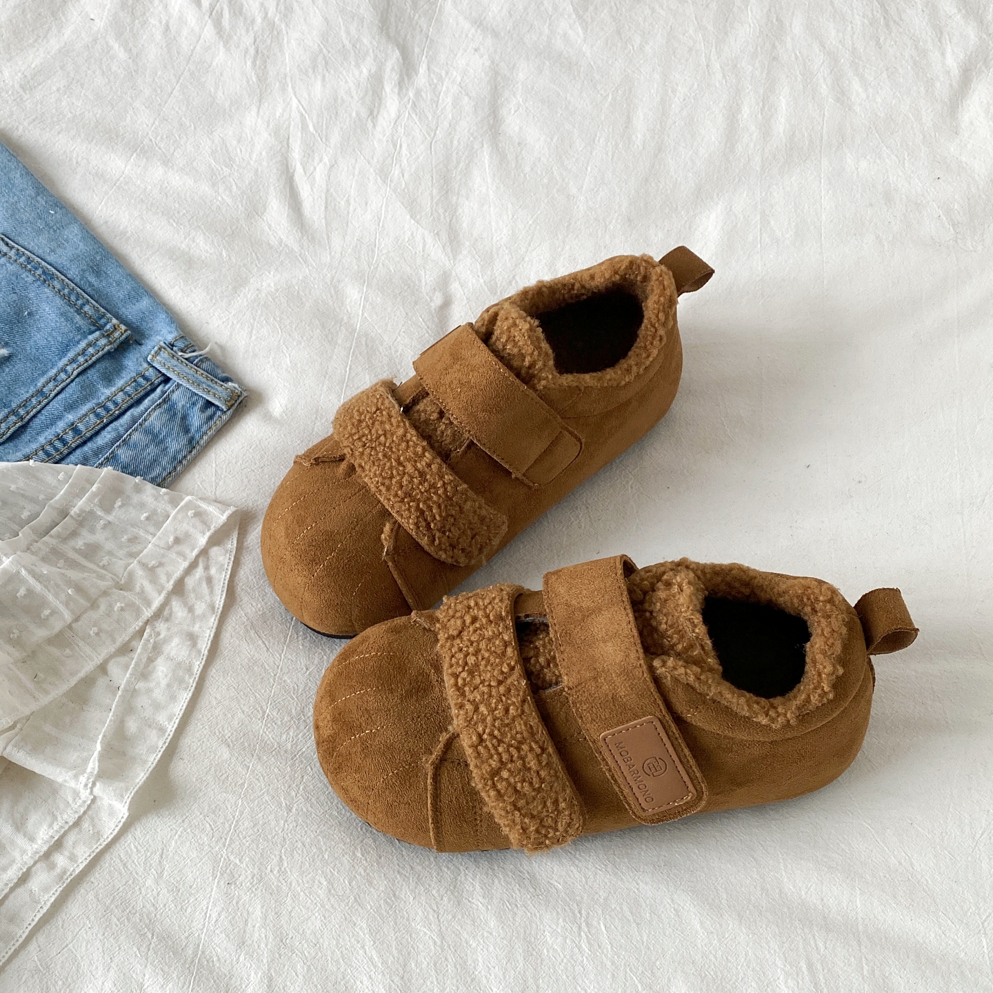 丑萌复古深棕色魔术贴棉鞋毛毛鞋