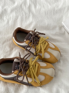 喜叔小众黄色网面透气板鞋女2025春秋新款平底泡芙德训鞋运动鞋子