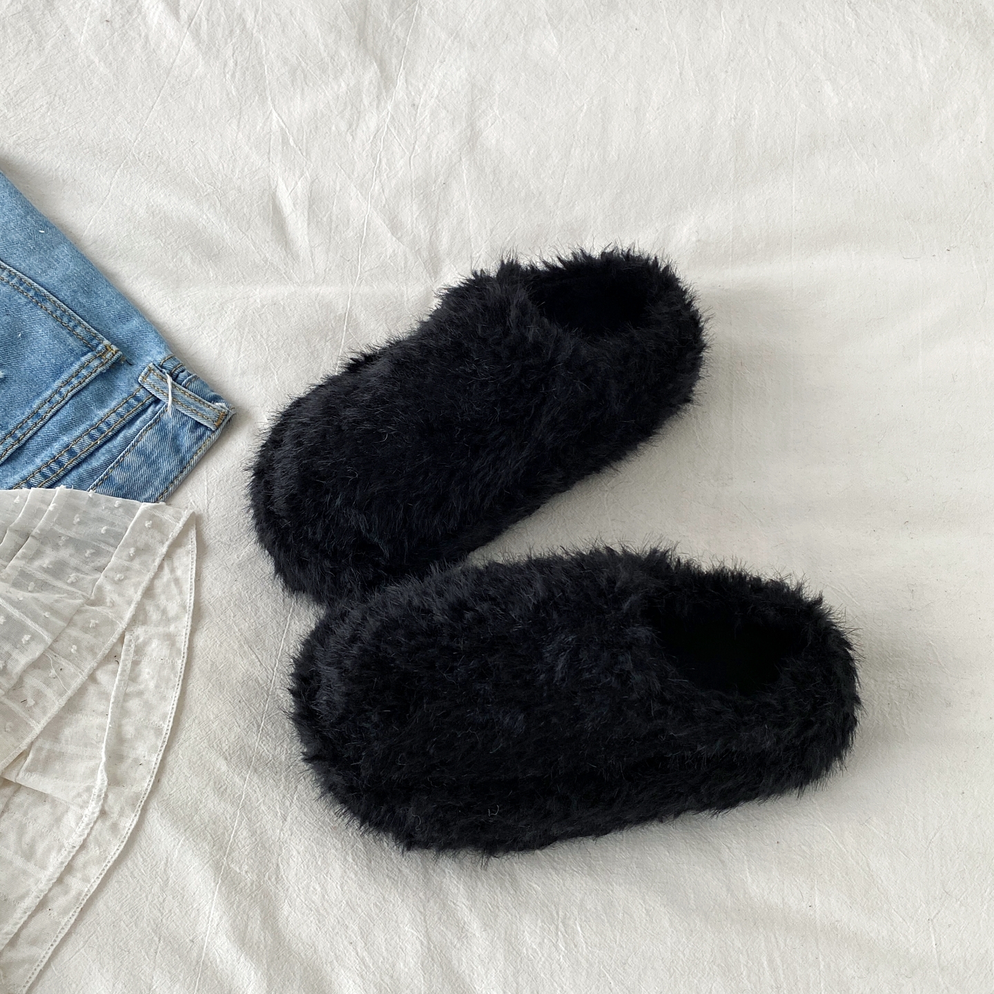 喜叔毛绒绒黑色厚底包头半拖鞋女外穿冬季保暖毛毛拖鞋一脚蹬棉鞋