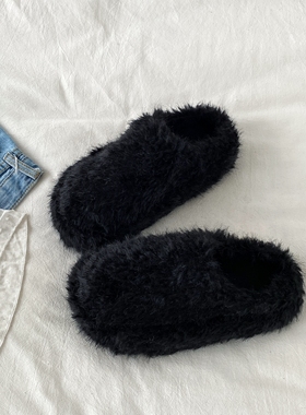 喜叔毛绒绒黑色厚底包头半拖鞋女外穿冬季保暖毛毛拖鞋一脚蹬棉鞋