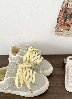 喜叔灰绿色小众厚底面包鞋女2025新款春季百搭板鞋复古休闲运动鞋