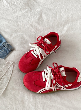 喜叔 复古红色德训鞋女ins潮小众系带厚底休闲运动鞋百搭阿甘板鞋