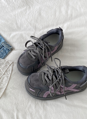 喜叔 复古小众灰紫色德训板鞋女款ins潮百搭厚底面包鞋运动休闲鞋