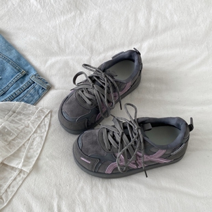 运动休闲鞋 喜叔 ins潮百搭厚底面包鞋 女款 复古小众灰紫色德训板鞋