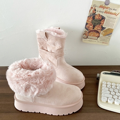 粉色两穿厚底毛绒雪地靴短筒棉靴