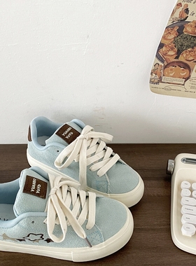 喜叔小众湖蓝色刺绣星星板鞋女款chic百搭鞋子韩系厚底休闲运动鞋