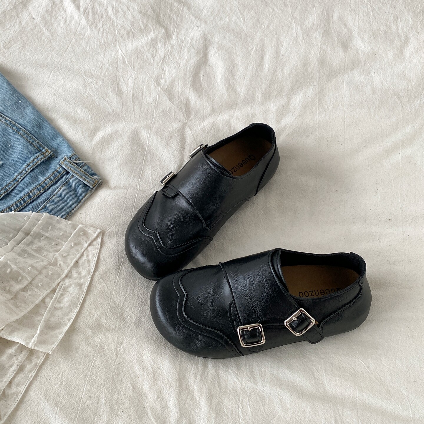 喜叔黑色复古皮面勃肯鞋女2026新款春季百搭软底小皮鞋一脚蹬单鞋