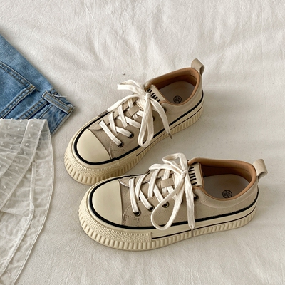 高级感皮面板鞋复古美式帆布鞋子