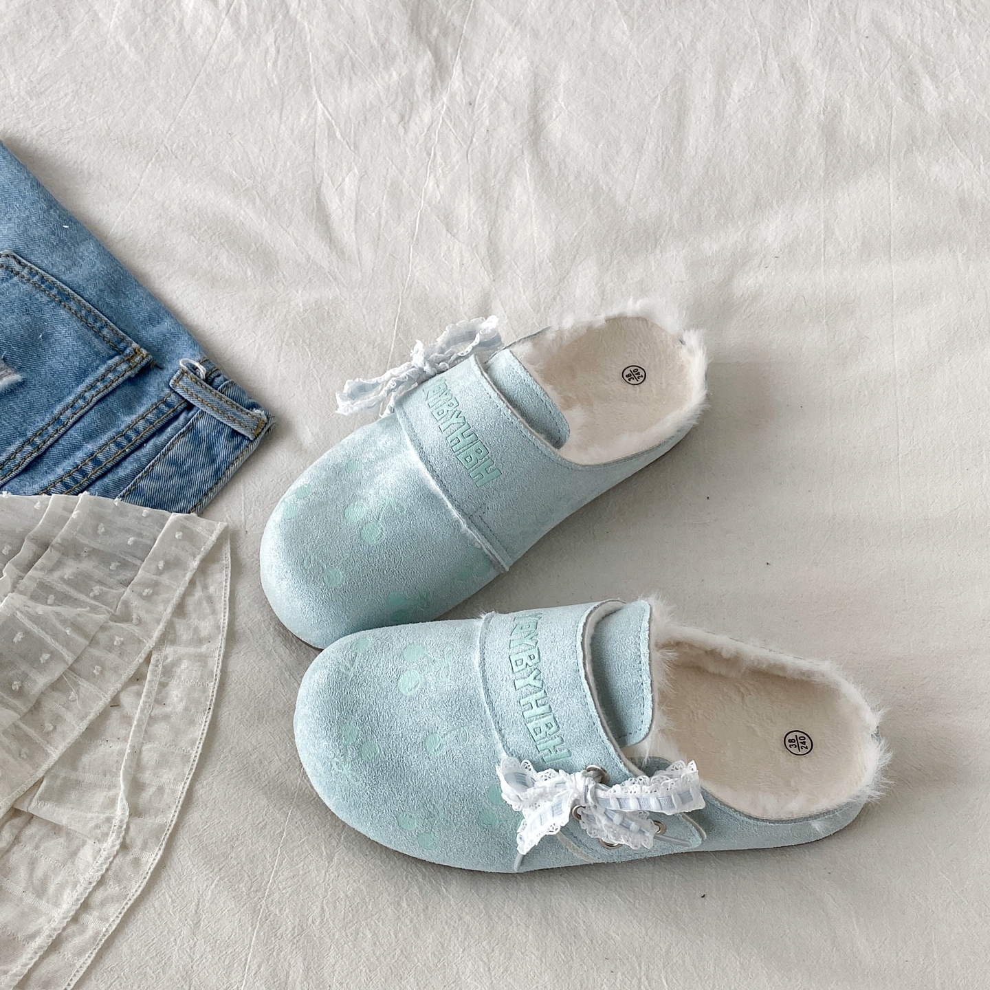 蓝色加绒半拖勃肯鞋一脚蹬棉鞋子