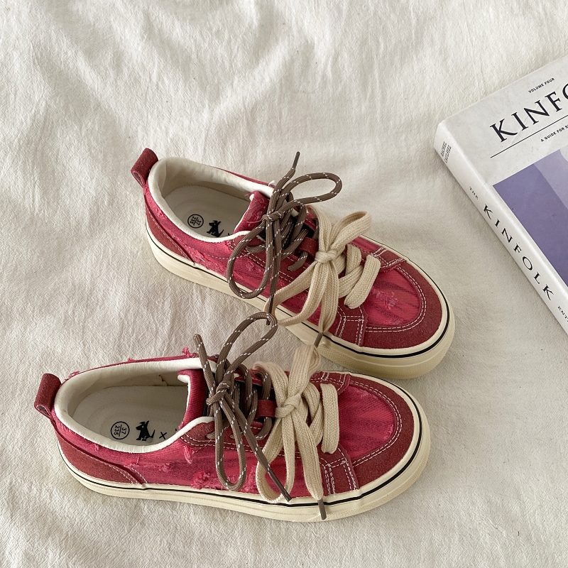 小众设计感玫红色帆布鞋厚底板鞋