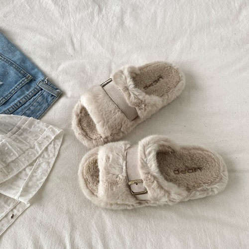 毛绒绒勃肯一字拖鞋露趾开口棉拖