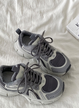 喜叔小众厚底运动鞋女2025新款秋冬加绒显脚小老爹鞋复古休闲跑鞋