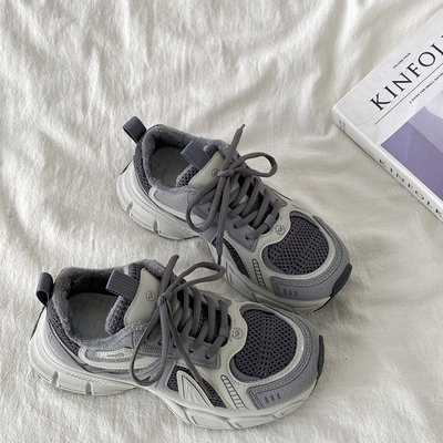 灰蓝色厚底老爹鞋冬季加绒运动鞋