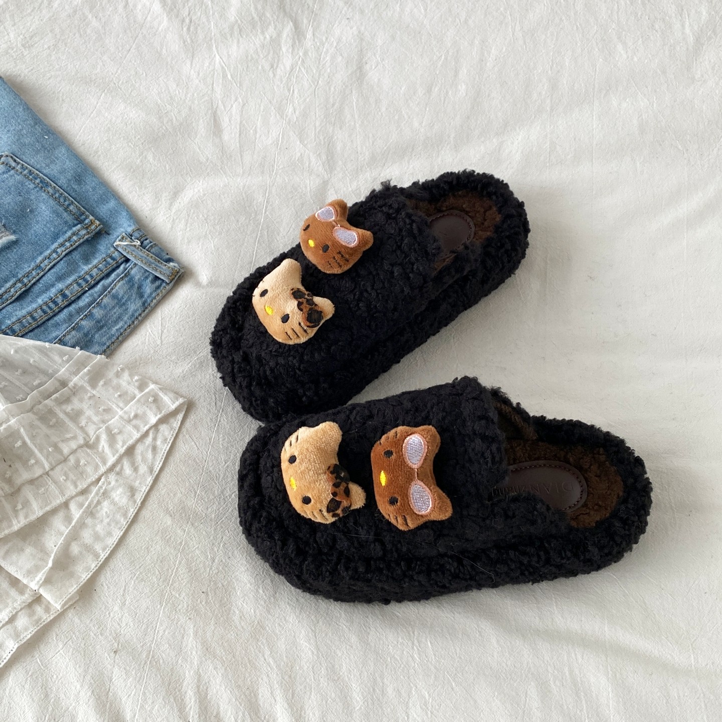 喜叔 黑色可爱kitty猫毛毛拖鞋女外穿冬季厚底保暖一脚蹬包头棉拖