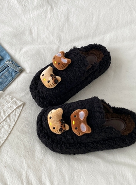 喜叔 黑色可爱kitty猫毛毛拖鞋女外穿冬季厚底保暖一脚蹬包头棉拖