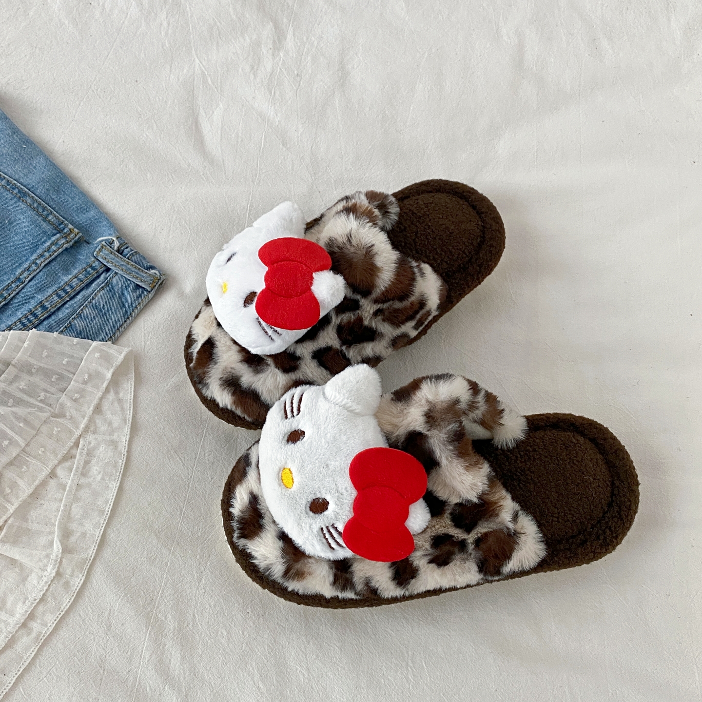 可爱哈喽kitty棉拖鞋豹纹毛绒拖