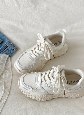 喜叔 奶白厚底阿甘运动鞋女2025秋季新款休闲小白鞋ins潮老爹鞋子