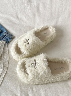喜叔 复古白色十字花毛毛拖鞋女2025新款秋冬外穿厚底一字棉拖鞋