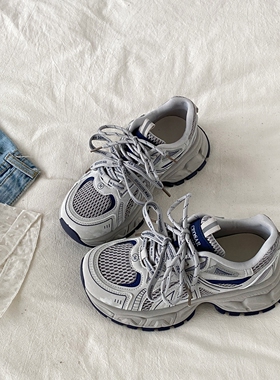 喜叔 复古灰蓝色厚底老爹鞋女2026春季新款透气增高休闲运动鞋潮