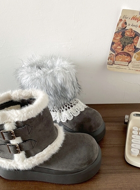 喜叔灰色费尔岛保暖厚底毛毛雪地靴女2025新款冬季加绒加厚棉鞋子