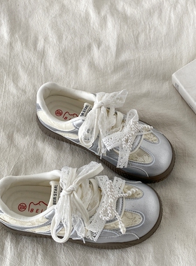 喜叔银色珍珠芭蕾德训鞋女2025新款秋季小众厚底小白鞋蕾丝板鞋潮