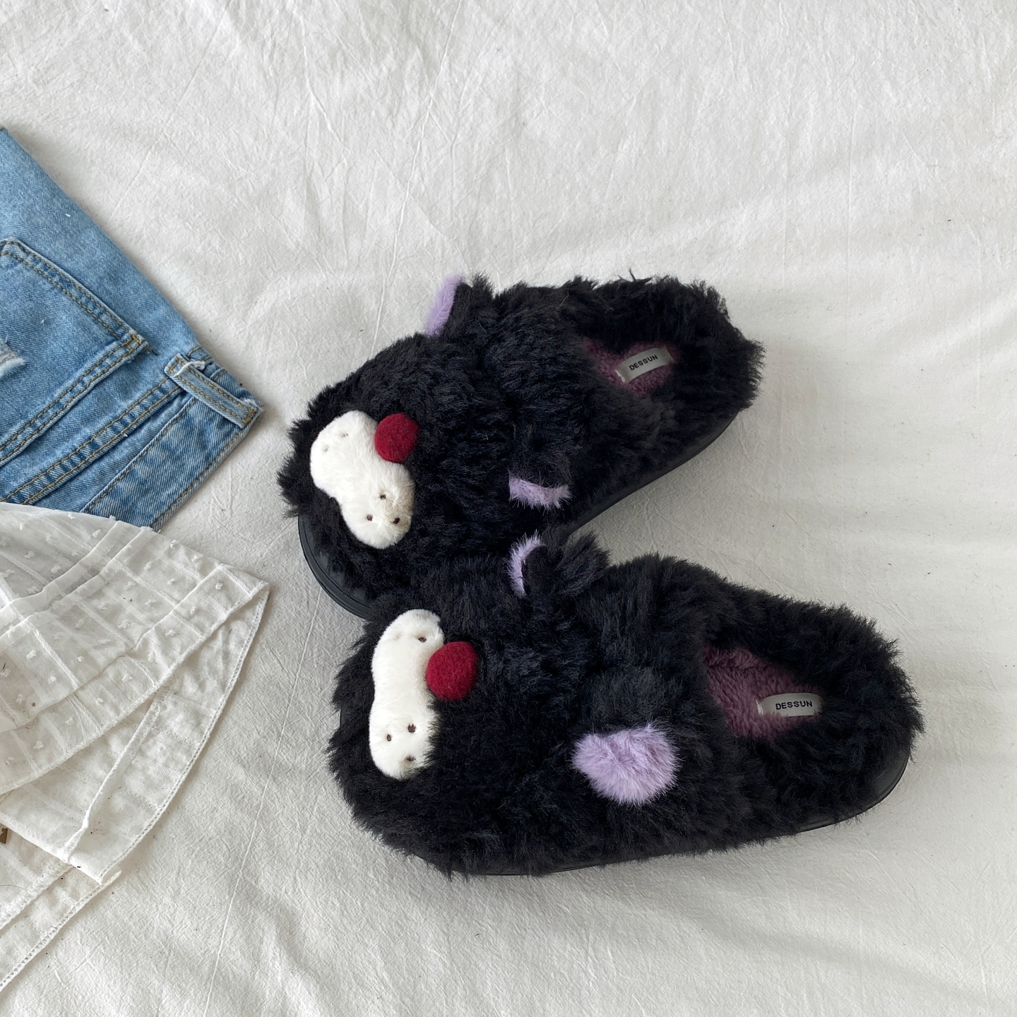 黑色卡通猫咪毛绒棉拖鞋室内拖鞋