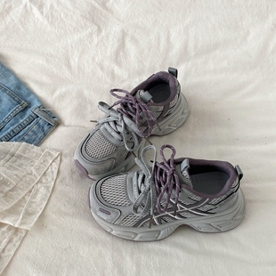 户外透气跑步鞋 女ins潮复古休闲运动鞋 灰紫色网面厚底老爹鞋 喜叔