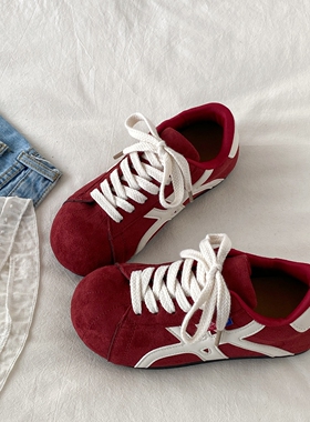 喜叔 贝壳头复古红色平底德训鞋女款秋季学生休闲运动鞋阿甘板鞋