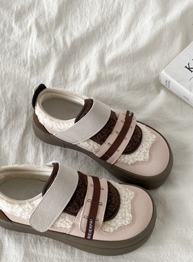 喜叔粉色小众魔术贴棉鞋女2025新款秋冬保暖加绒羊羔毛板鞋小白鞋