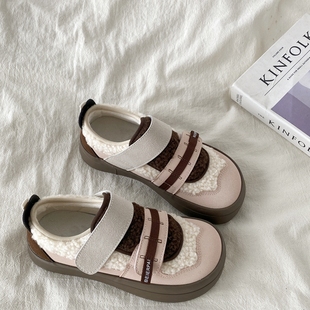 小白鞋 秋冬保暖加绒羊羔毛板鞋 女2025新款 喜叔粉色小众魔术贴棉鞋