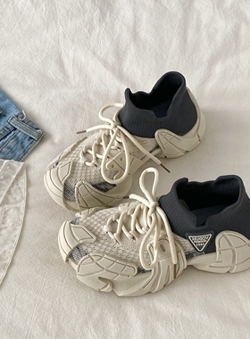 喜叔丑萌厚底飞织网面老爹鞋情侣款小众透气休闲运动鞋跑步袜子鞋