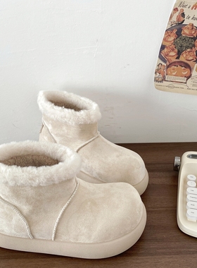 喜叔白色丑萌大头雪地靴女2025新款冬季保暖加绒棉鞋休闲毛毛短靴