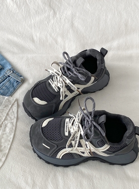 喜叔丑萌灰色厚底加绒老爹鞋女2025新款冬季二棉运动鞋休闲阿甘鞋