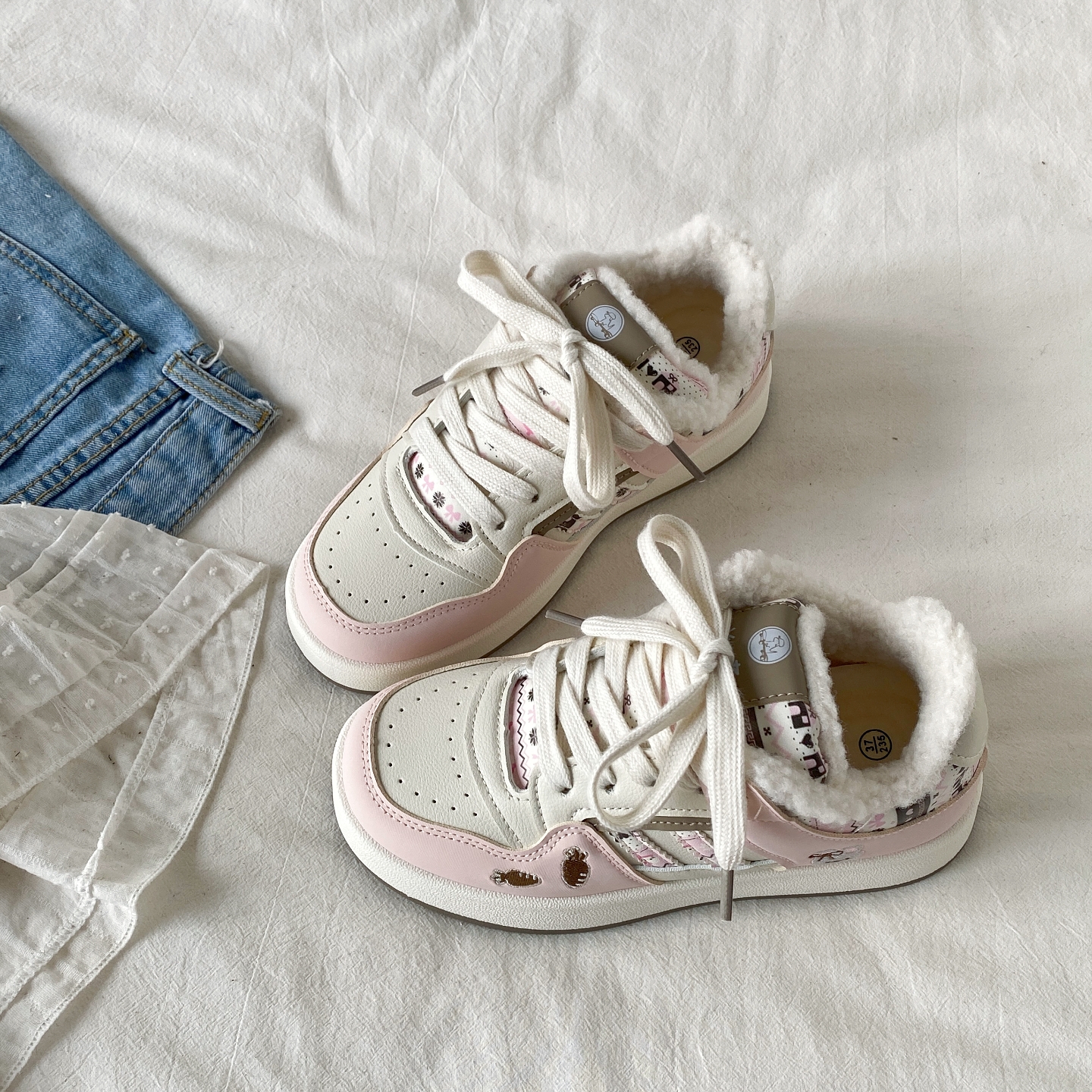 韩版粉色厚底棉鞋保暖加绒小白鞋