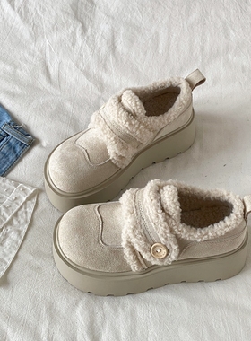 喜叔白色复古厚底雪地棉鞋女2025新款冬季加绒保暖全包毛毛勃肯鞋