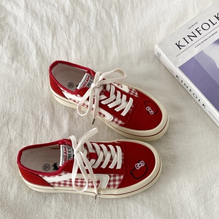 喜叔可爱KT猫红色鞋子女2025夏季新款厚底透气板鞋百搭薄款帆布鞋