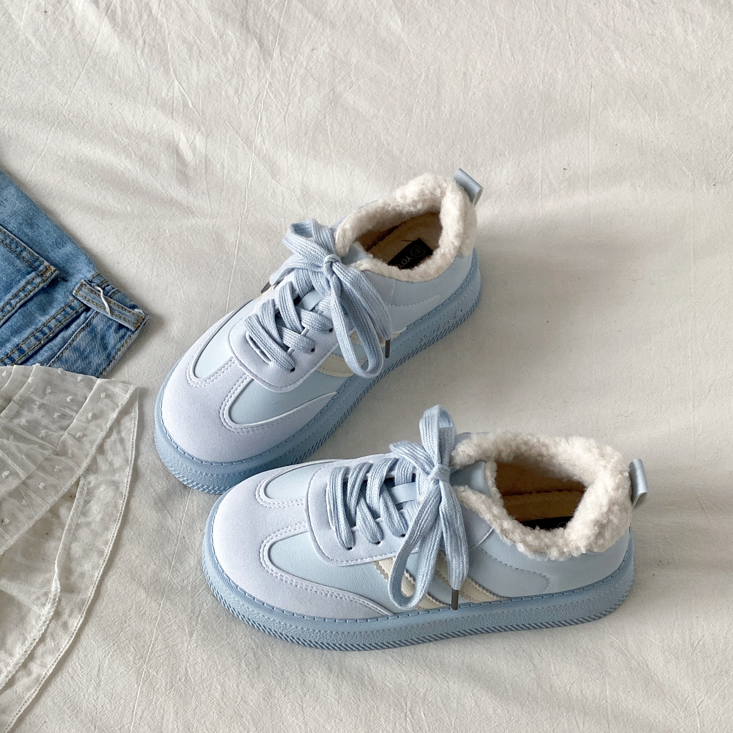 冬季加绒蓝色德训鞋保暖厚底棉鞋